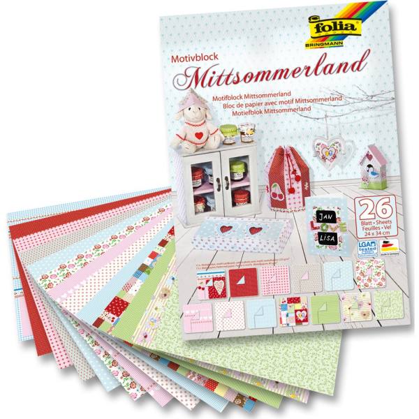 Motivblock Mittsommerland, 26 Stk, 24 x 34 cm, 80 g m²/270 g m² Bastelpapier Motivpapier