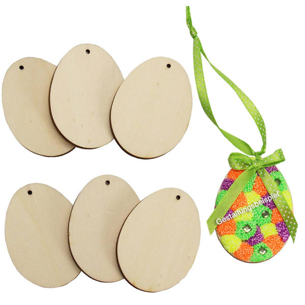 Holzscheiben oval, Pack mit 6 Stück, 6 cm Aufhänger, Holzeier Ostereier  4mm stark