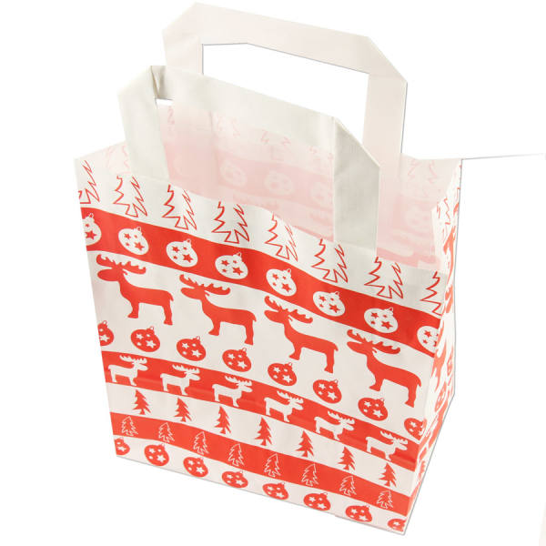 Papiertragetasche Weihnachten Elch, Norwegermuster 6er Pack mit Flachhenkel weiß-rot