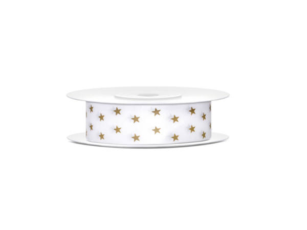Weihnachtsband Satinband mit Sterne weiß-gold 18mm breit, 10m lang
