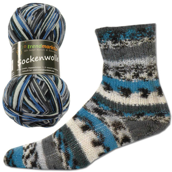 Sockenwolle 4fädig blau grau Jacquard 100g schadstoffgeprüfte Qualität