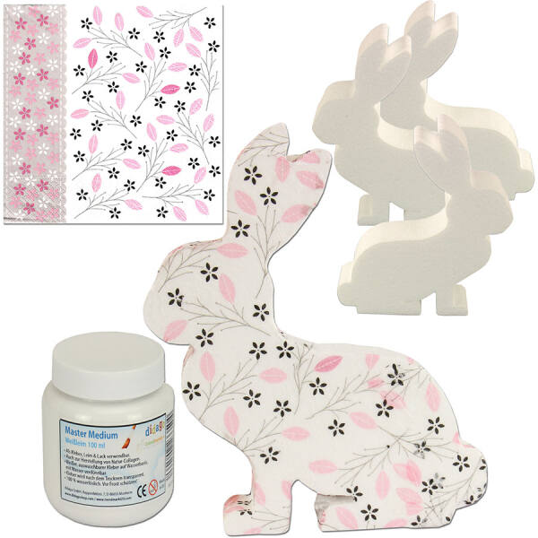 Bastelset Styroporform Hase, 4 Stück mit Servietten und Leim (Styroporhase, Osterhase)
