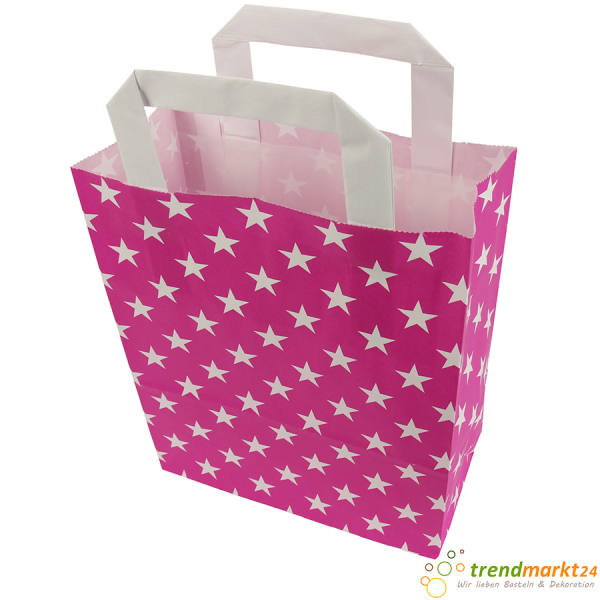 Papiertragetasche Sterne pink 6er Pack Flachhenkel mit weißen Sternen