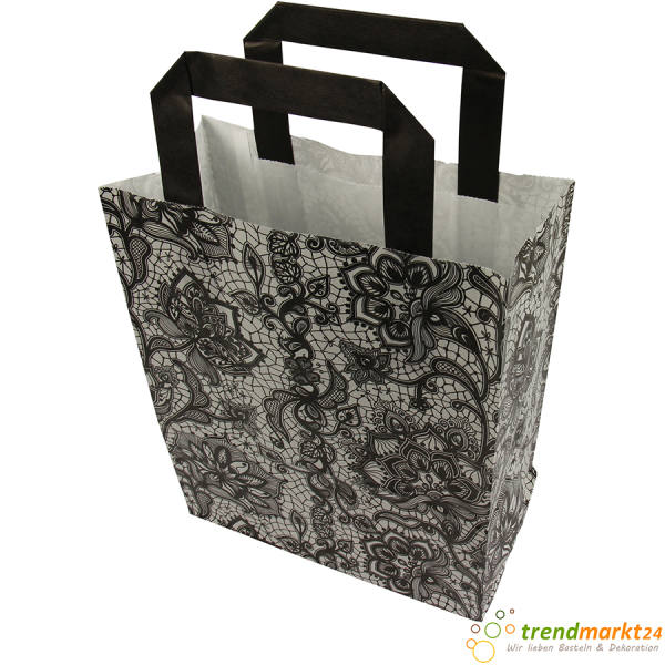 Papiertragetasche Spitze schwarz weiß 6er Pack mit Flachhenkel Blumenmotiv