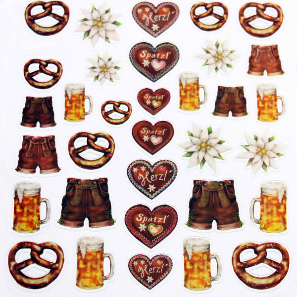 Sticker Herz Lederhose Edelweis Breze und Bier 1 Blatt