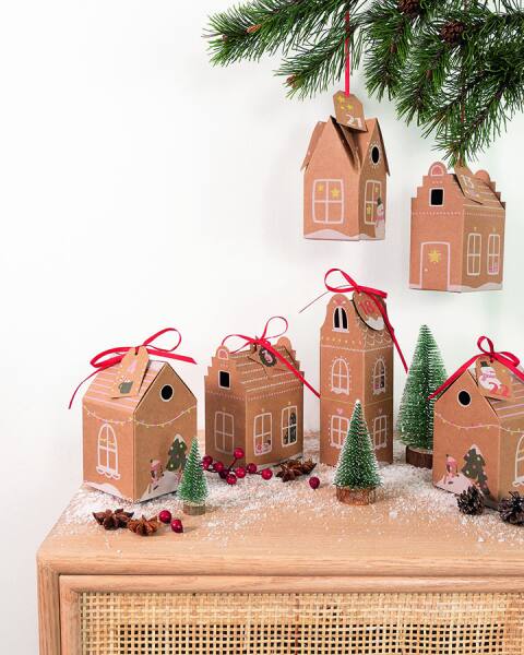 Adventskalender Bastelset Lebkuchen Dorf 49 Teile | HYGGE DORF Papiertüten Kalender