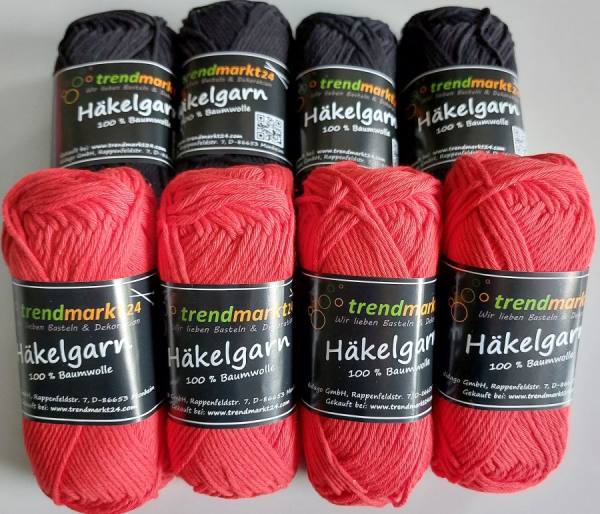 Häkelgarn Schulgarn 8 Knäuel, 4 x rot, 4 x schwarz, schadstoffgeprüfte Qualität