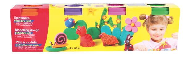 Weichknete 4er Pack orange, violett, pink, grün, je 140g Becher Spielknete
