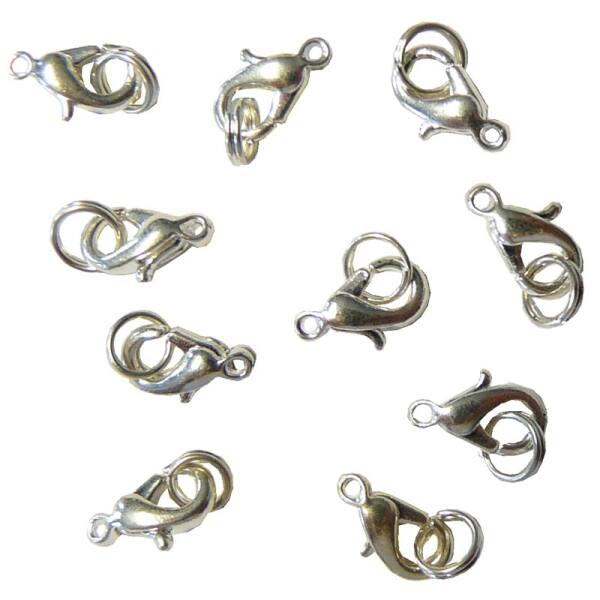 Karabinerhaken 10 mm, 10 Stück versilbert mit Ring