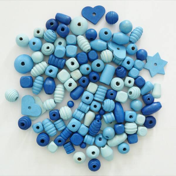 Holzperlen Mix hellblau/dunkelblau, 100 g