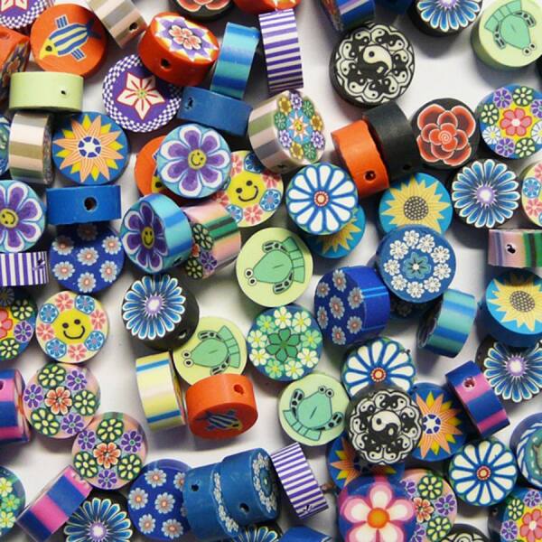 Perlen, Polymerperlen rund Blumen 100 Stk. in 5 Farben sortiert