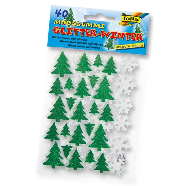 Moosgummi Glitter-Sticker Winter, grün und weiß, 40 Stück