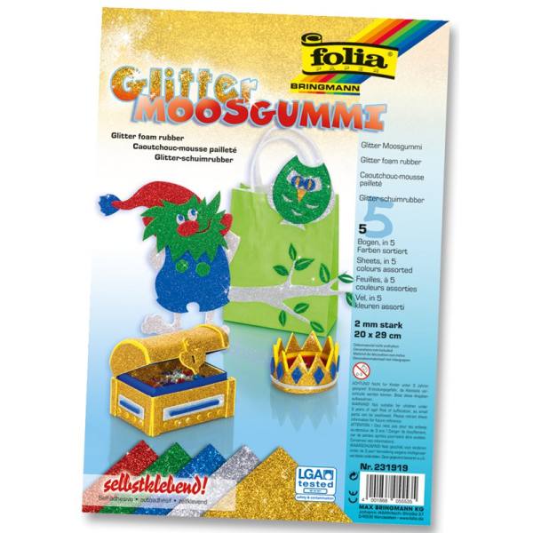 Moosgummi Glitzer Set selbstklebend 5 Bögen Glittermoosgummi 20x29 cm farbig sortiert