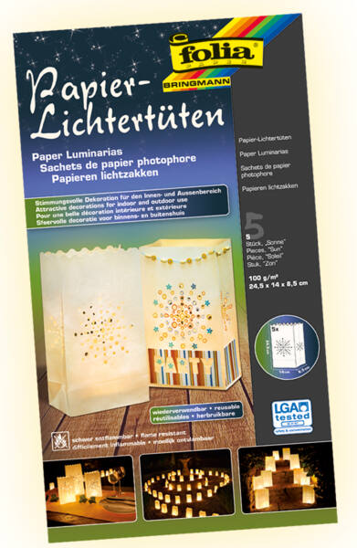 Lichtertüten aus Papier Sonne, 5 Stück, 24,5 x 14 x 8,5 cm, weiß