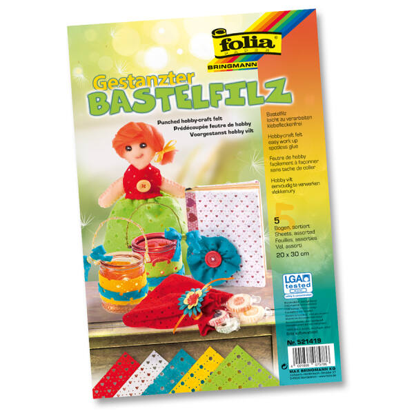 gestanzter Bastelfilz 5 Bögen farbig sortiert, 20x30 cm Bastelfilz