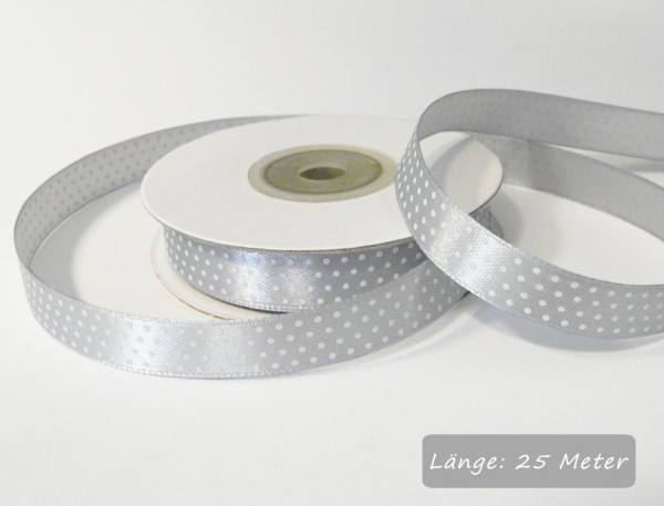 Satinband Punkte silber, Rolle 12mm breit, 25m lang