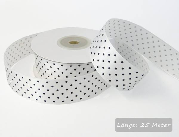 Satinband Punkte weiß, Rolle 25mm breit, 25m lang