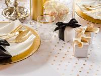 Tischband Organza weiß mit Punkten gold/silber, Rolle 36cm breit