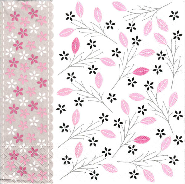 Papierservietten Blätter rosa 3-lagig, 33x33 cm, 20 Stück, Hochzeitsservietten