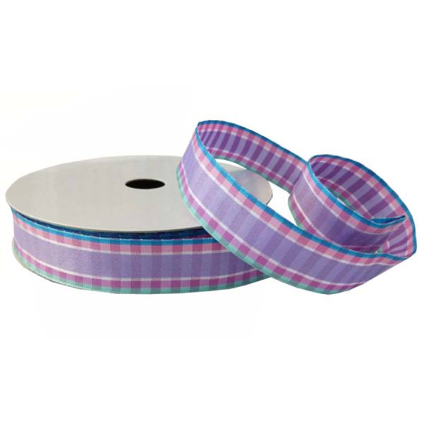 Geschenkband Streifen und Karo violett, mit Draht, 1 Rolle