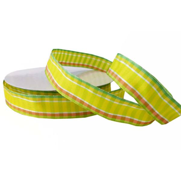 Geschenkband Streifen und Karo gelb, mit Draht, 1 Rolle Karoband