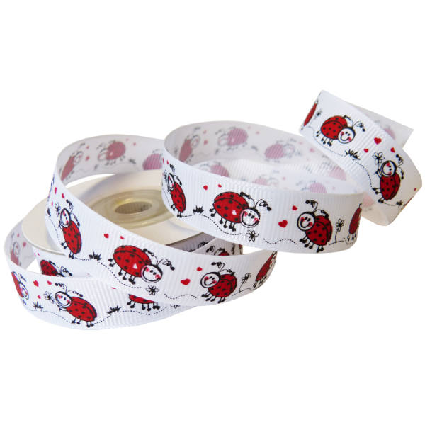 Ripsband weiß mit Marienkäfer, Geschenkband 15mm x 10m