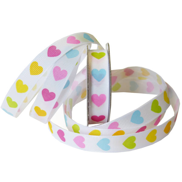 Ripsband weiß mit bunten Herzen, 12mm x 10m, Geschenkband