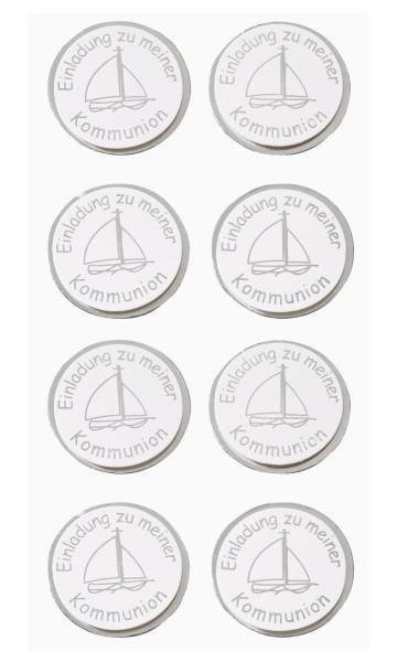 Sticker Einladung Kommunion Schiff silber, 8 Stück
