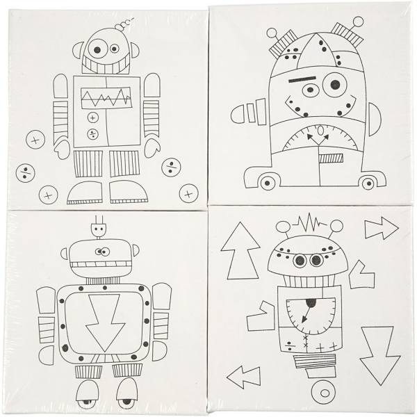 Keilrahmen bedruckt mit Robotermotiven Set mit 4 Stück, 15 x 15 cm
