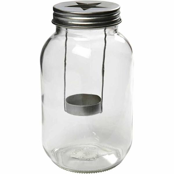 Glaslaterne, Deckel mit ausgestanztem Stern, Ø 10 cm, 18 cm hoch