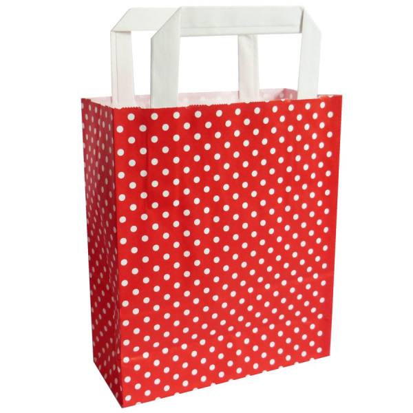Papiertragetasche rot weiß gepunktet 6er Pack mit Flachhenkel Papiergriff 18x22