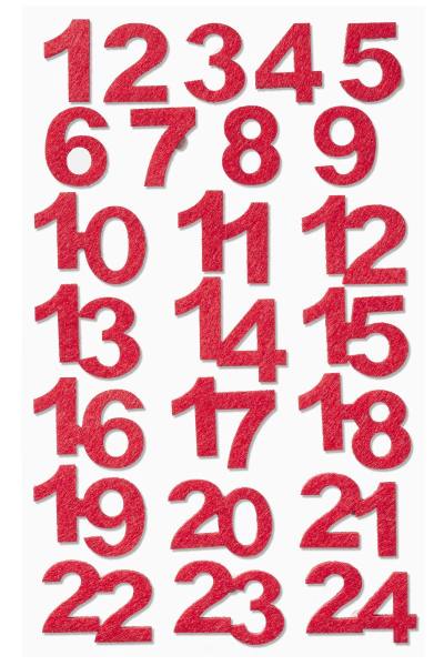 Adventszahlen aus Filz rot, 24 Stück, 2 x 2,5 cm, Adventskalenderzahlen