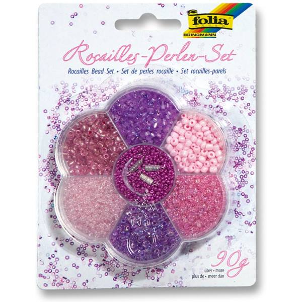 Rocailles Perlen Set rosa/lila, 90g Perlen, 3x1m Nylonfaden, 3 Verschlüsse